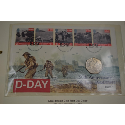 90 - Folder Containing The History of World War II Collection of First Day Cover Coins. Includes D Day 50... 