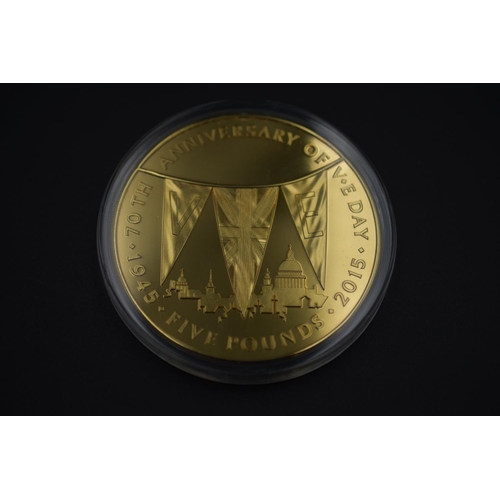 75 - 2015 VE Day 70th Anniversary Supersize £5 Gold Plated Proof Coin. Complete in Box with Certificate