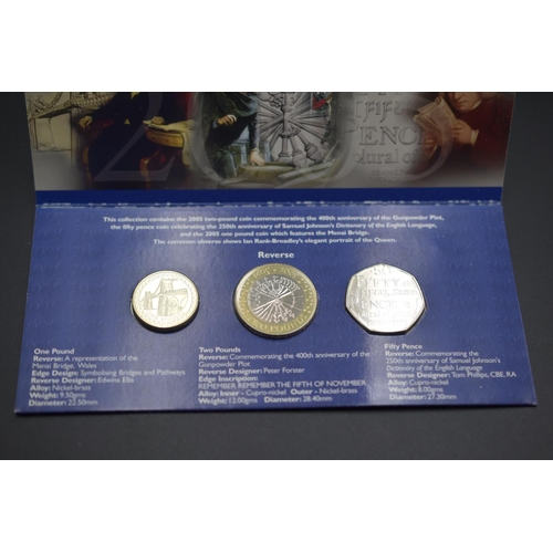 77 - 2005 Brilliant Uncirculated Coin Collection to include Menai Bridge £1, Gun Powder Pot £2 Coin and J... 