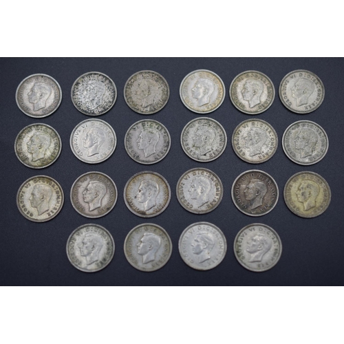 95 - Selection of Twenty Two George VI Silver Three Pence Coins 1937 to 1941