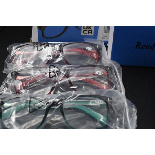 72 - Selection of Three Packs of Three Reading Glasses - Green +2.00, Red +2.25 and Red +2.75 Complete wi... 