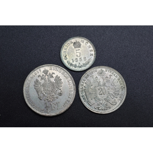 63 - Selection of Silver Austrian Coinage - 1/4 Florin (1859) & 20 Kreuzer (1870) & 5 Kreuzer (1858)