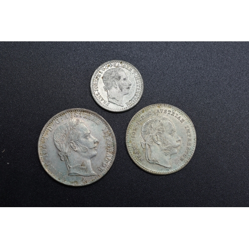 63 - Selection of Silver Austrian Coinage - 1/4 Florin (1859) & 20 Kreuzer (1870) & 5 Kreuzer (1858)