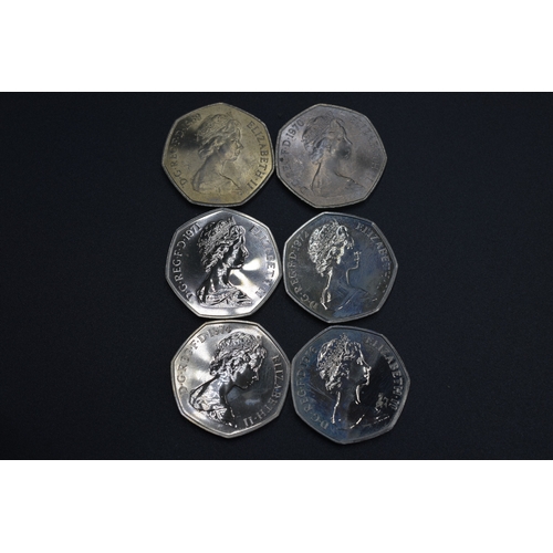 67 - Selection of Elizabeth II 50 Pence Pieces - 1969, 1970, 1971, 1972, 1974, 1976