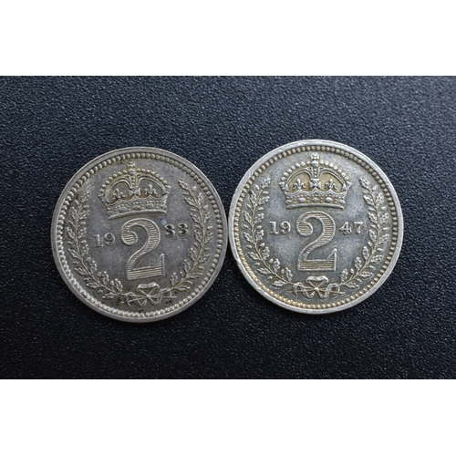 69 - Silver - 2 Pence Pieces x2 - George V (1933) & George VI (1947)