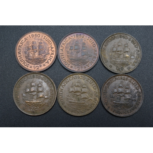 66 - Six South African Half Penny Coins (George V, George VI, Elizabeth II) Dated 1925, 1930, 1935, 1940,... 