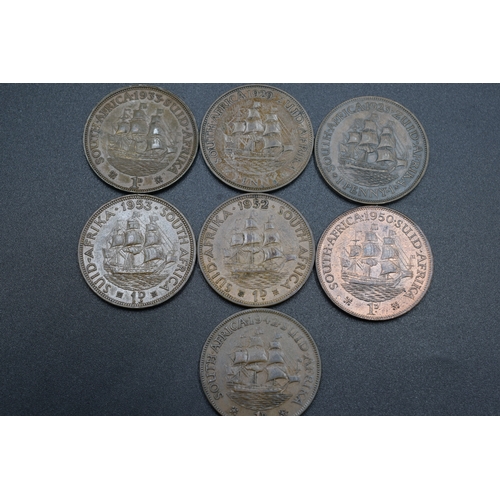 67 - Seven South African One Penny Coins (George V, George VI, Elizabeth II) Dated 1923, 1929, 1933, 1942... 