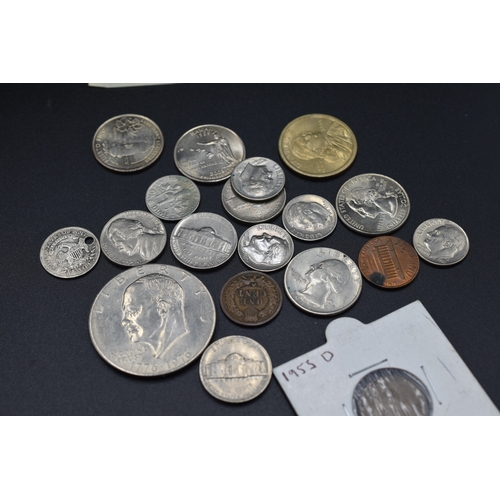 76 - Mixed Selection of USA Coinage including Dollars, Quarters, Silver Nickel, and a Bronze Copy of a 17... 