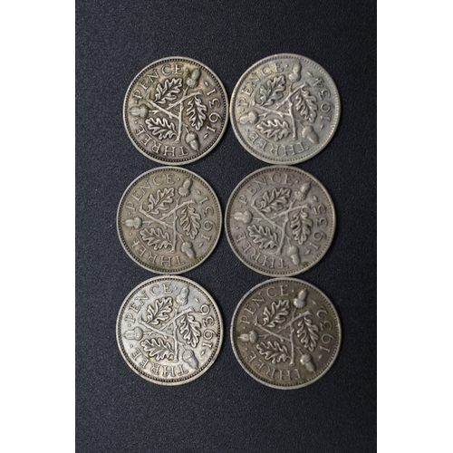 81 - Six George V Silver Three Pence Coins (1931, 1931, 1932, 1934, 1935 & 1936)