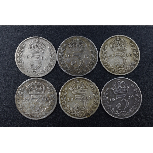 62 - Selection of Silver Three Pence Pieces - George VII (1903) and George V - 1908, 1913, 1916, 1918 and... 