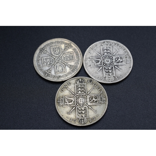 83 - Three George V Silver Florins (1915, 1922, & 1929)