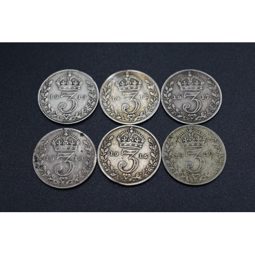 84 - Six George V Silver Three Pence Coins (1912, 1913, 1916, 1917, 1920, & 1918)