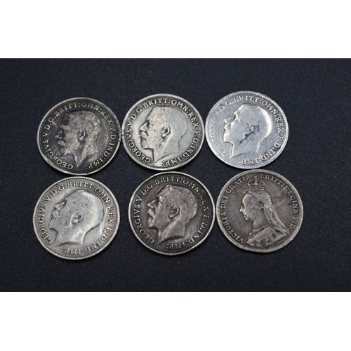 85 - Victoria Silver 1892 Three Pence and Five George V Silver three pence's (1911, 1913, 1916, 1917 & 19... 