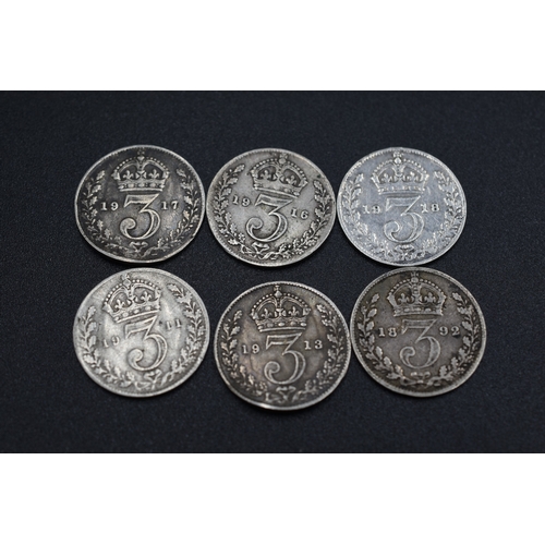 85 - Victoria Silver 1892 Three Pence and Five George V Silver three pence's (1911, 1913, 1916, 1917 & 19... 