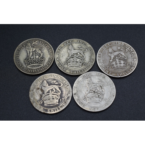 86 - Five George V Silver Shillings (1915, 1917, 1919, 1920, & 1929)