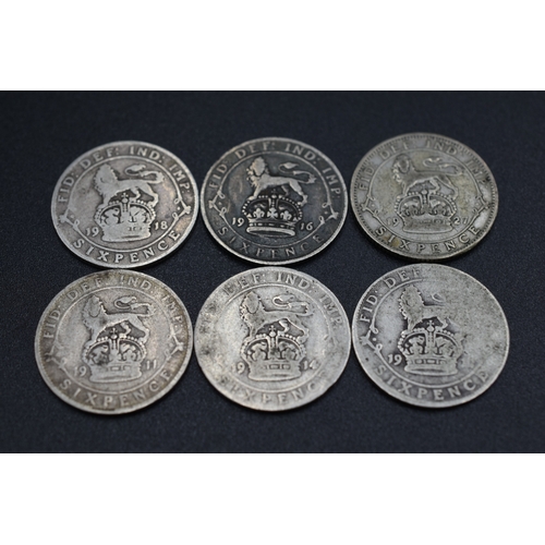 88 - Six George V Silver Sixpences (1911, 1914, 1916, 1917 1918, & 1927)