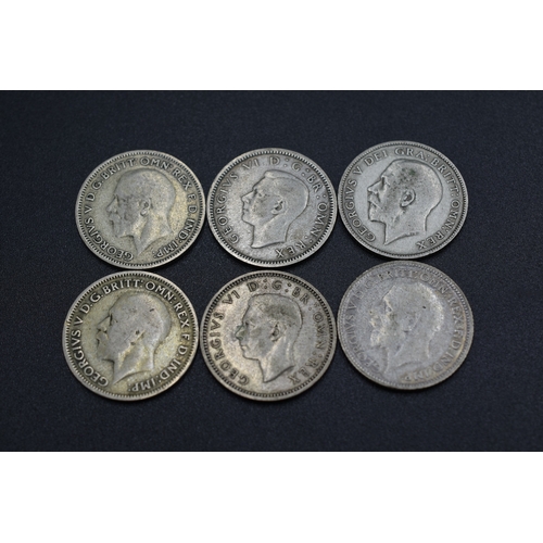 89 - Six Silver Sixpences George V and George VI (1921, 1928, 1934, 1935, 1937 & 1938)