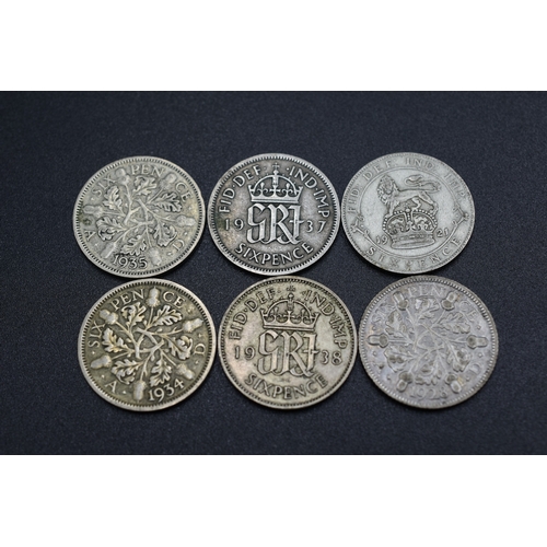 89 - Six Silver Sixpences George V and George VI (1921, 1928, 1934, 1935, 1937 & 1938)