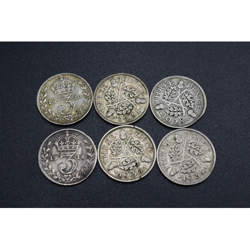 90 - Six George V Silver Three Pence Coins (1916, 1920, 1928, 1931, 1934, & 1936)