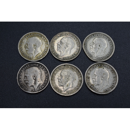 90 - Six George V Silver Three Pence Coins (1916, 1920, 1928, 1931, 1934, & 1936)