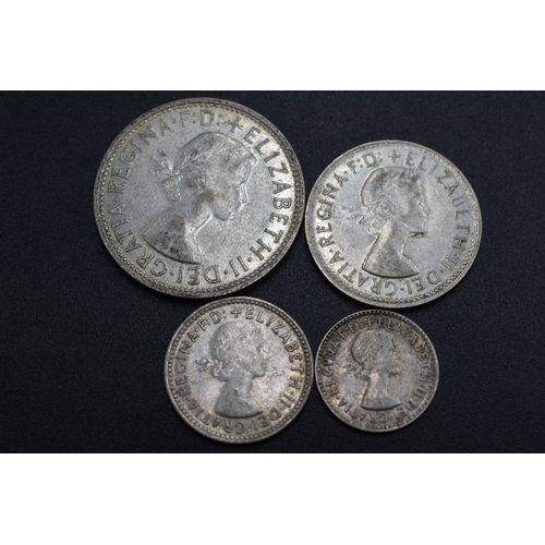 Selection of Silver Australian Coinage to include - 3 Pence (1960) 6 Pence (1960) Shilling (1963) and Florin (1960)
