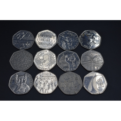 101 - Collection of Twelve Collectable Fifty Pence Piece Coins To Include, Commenwealth Games Glasgow, Div... 