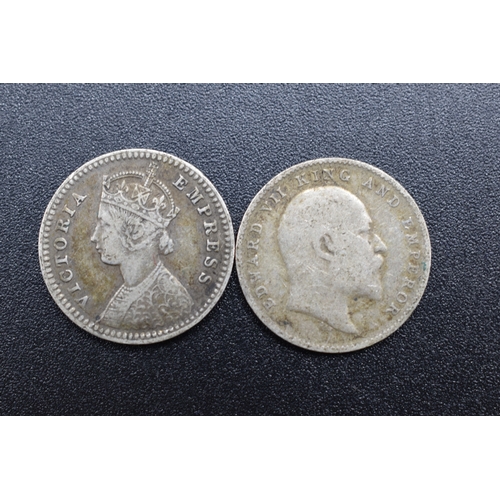 61 - Silver - India - Two Annas x2 - Victoria 1885 and Edward VII 1906