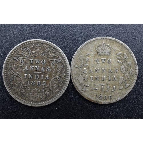 61 - Silver - India - Two Annas x2 - Victoria 1885 and Edward VII 1906