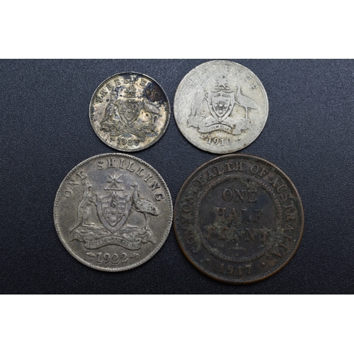 63 - Selection of Australian Coinage to Include Three Silver Coins - One Shilling 1922, Three Pence 1935,... 