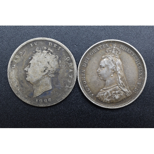 64 - Silver - One Shillings x2 - George IV 1826 and Victoria 1887