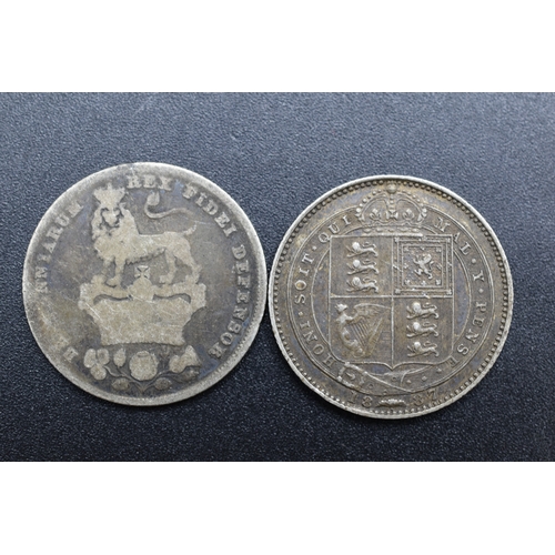 64 - Silver - One Shillings x2 - George IV 1826 and Victoria 1887