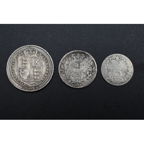 16 - Three Victorian Silver Coins (1887 Shilling, 1845 Sixpence and 1878 Threepence)