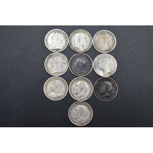 Ten Silver Threepence Coins including Victoria Edward VII and George V