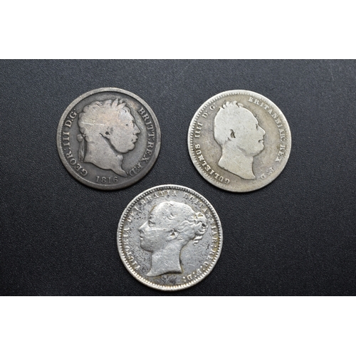 63 - Three Silver Shillings - George III 1816, William IV 1834 and Victoria One Shilling 1871