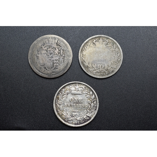 63 - Three Silver Shillings - George III 1816, William IV 1834 and Victoria One Shilling 1871