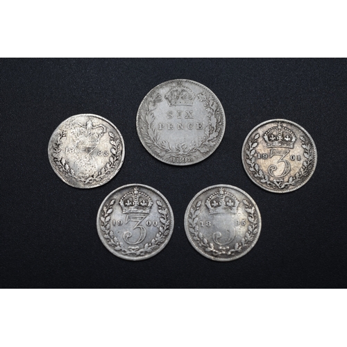 12 - Five Victoria Silver Coins (1898 Sixpence, & 4 Three Pence Coins 1883, 1895, 1900, 1901)