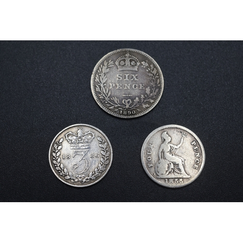 13 - Three Victorian Silver Coins (1890 Sixpence, 1855 Groat and 1886 Three Pence)