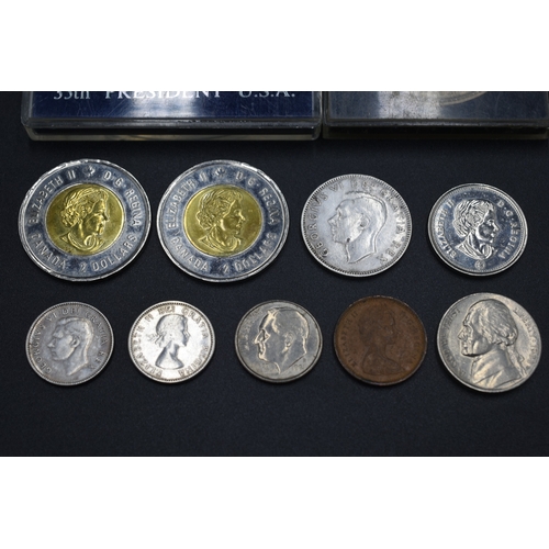 5 - Cased Kennedy 1968 Silver Half Dollar, Mixture of USA and Canadian Coins and a 1953 Crown