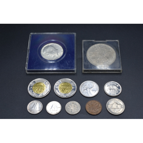 5 - Cased Kennedy 1968 Silver Half Dollar, Mixture of USA and Canadian Coins and a 1953 Crown