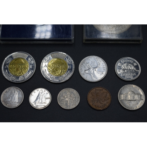 5 - Cased Kennedy 1968 Silver Half Dollar, Mixture of USA and Canadian Coins and a 1953 Crown