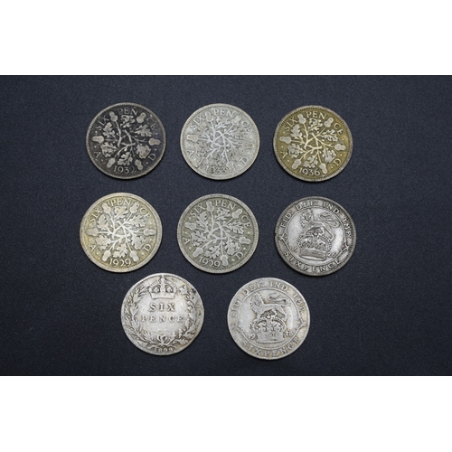 85 - Selection of Silver Six Pence Pieces 1899, 1918, 1926, 1929x2, 1932, 1933 and 1936