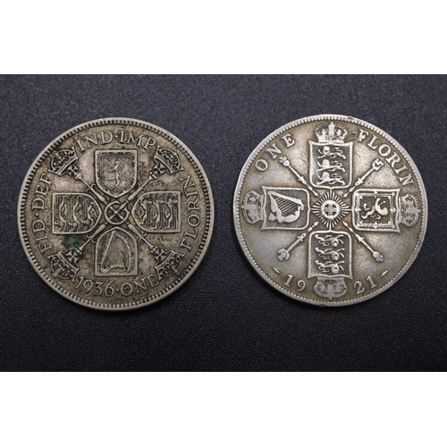 20 - Silver - One Florins x2 - George V - 1921 & 1936