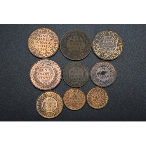 38 - Selection of British India Coinage to include 1/4 Annas x4 , 1/2 Pice x3 and 1/12 Anna x2