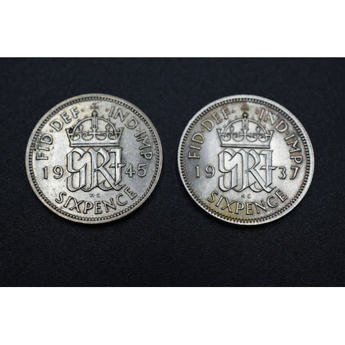 10 - Two George VI Silver Sixpence Coins (1937 & 1945)