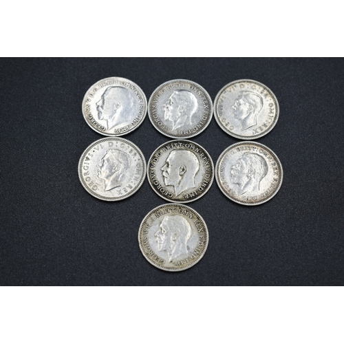 12 - Seven Silver Three Pence Coins (George V & George VI)