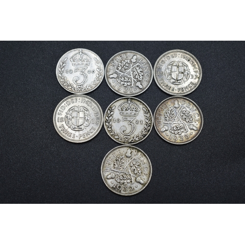 12 - Seven Silver Three Pence Coins (George V & George VI)