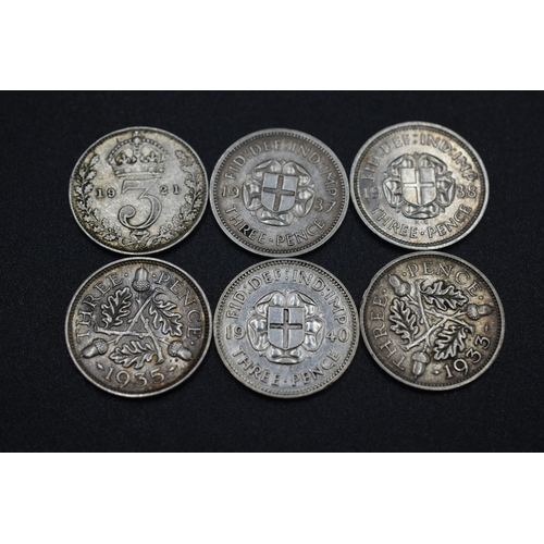 13 - Six Silver Threepence Coins (George V & George VI)