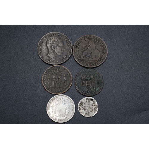 17 - Six Old Spanish Coins including Silver