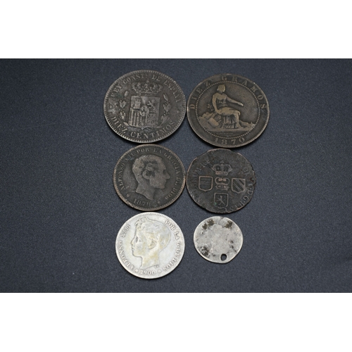 17 - Six Old Spanish Coins including Silver