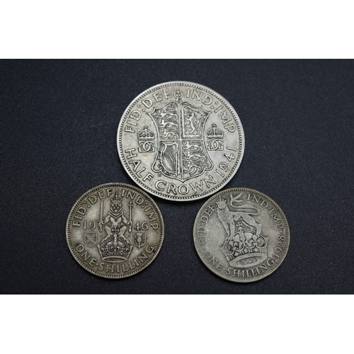 34 - Silver - George V One Shilling 1928 and George VI Half Crown 1941 Plus One Shilling 1946